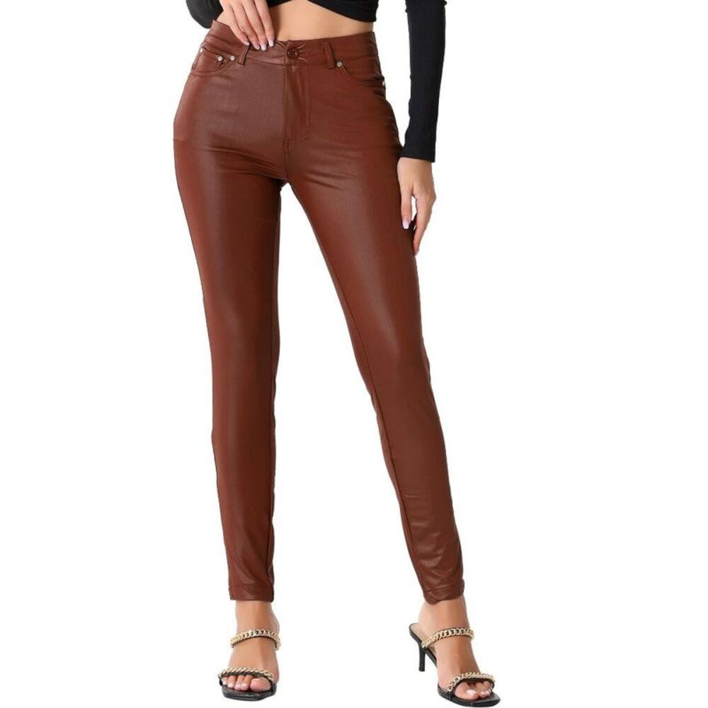 Women's Faux Leather High Waist Stretch Motorcycle Pants - Brown M